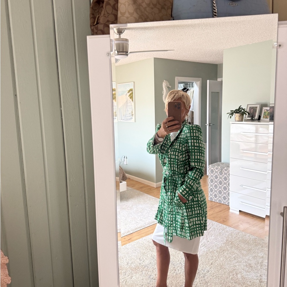 CAbi Green and White Checkered Long Sleeve Dress